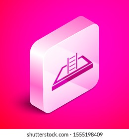 Isometric Swimming pool with ladder icon isolated on pink background. Silver square button. Vector Illustration