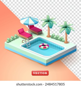 Isometric swimming pool with lounge chairs, coconut trees and umbrellas, 3d vector. Suitable for holidays and business