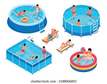 Isometric Swimming Pool Set Of Isolated Icons With Views Of Inflatable And Portable Pools With People Vector Illustration