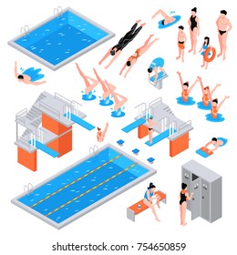 Conjunto isométrico de piscinas aisladas elementos de piscina iconos de los equipos de los tiradores y nadadores personajes humanos ilustración vectorial