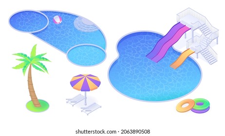 Isometric swimming pool, slides, palm tree and umbrella with chaise lounges, inflatable rings and ball. Summer beach or hotel items for waterpark fun entertainment, 3d vector illustration, icons set