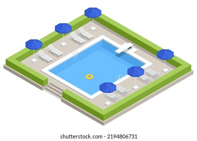 Isometric Swimming pool with stair and sun loungers. home swimming pool in garden and terrace. Summer Vacation Concept.