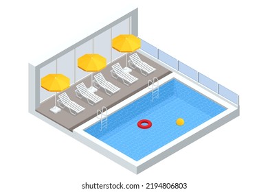 Isometric Swimming pool with stair and sun loungers. home swimming pool in garden and terrace. Summer Vacation Concept.