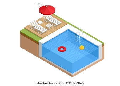 Isometric Swimming pool with stair and sun loungers. home swimming pool in garden and terrace. Summer Vacation Concept.