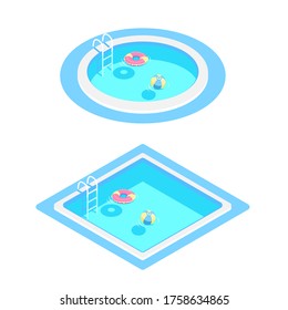 Piscina isométrica con escalera y agua transparente. Vacaciones de verano junto a la piscina. Imagen colorida de la diversión del verano. Ilustración vectorial aislada en fondo blanco.