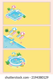 Isometric swimming pool with stairs and transparent water. Summer vacation by the pool. Colorful image of summer fun. Vector set of backgrounds.
