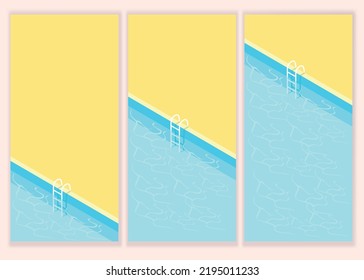 Isometric swimming pool with stairs and transparent water. Summer vacation by the pool. Colorful image of summer fun. Vector set of backgrounds.