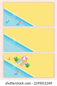 Isometric swimming pool with stairs and transparent water. Summer vacation by the pool. Colorful image of summer fun. Vector set of backgrounds.