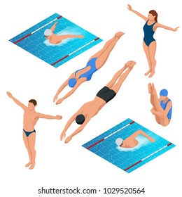 Isometric swimming pool, swimmers human characters vector illustration.