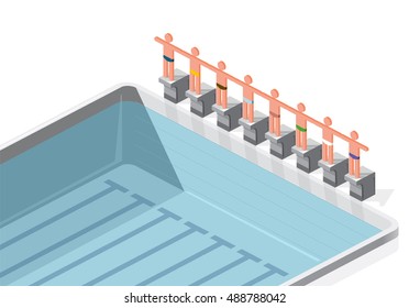 Isometric swimming pool with swimmers. Sportsmen on springboard prepare to swim in water. Race swimmers start to jump. Sport article illustration. Pictogram 3d element. Flatten isolated master vector.