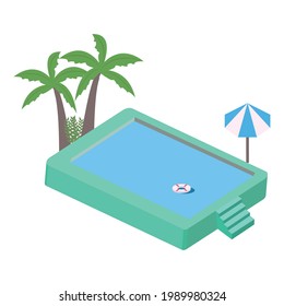 Isometric swimming pool vector design with blue water and coconut trees. Swimming pool PNG with the isometric landscape. 3D swimming pool with coconut trees and lifebuoy in the summertime.