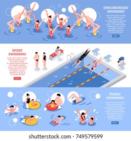 Banderas deportivas de natación isométricas con personajes humanos de nadadores sincronizados y familiares en ilustración vectorial de piscina