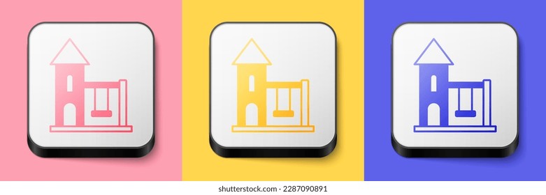 Isometric Swing for kids summer games on playground icon isolated on pink, yellow and blue background. Outdoor entertainment equipment. Square button. Vector