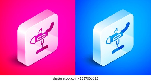Isometric Swing plane on the playground icon isolated on pink and blue background. Childrens carousel with plane. Amusement icon. Silver square button. Vector