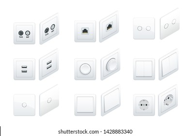 Isometric Switches and sockets set. All types. AC power sockets realistic illustration