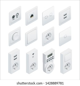 Isometric Switches and sockets set. All types. AC power sockets realistic illustration