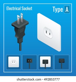 Isometric Switches and sockets set. Type A. AC power sockets realistic vector illustration