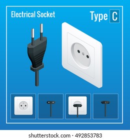 Isometric Switches and sockets set. Type C. AC power sockets realistic vector illustration