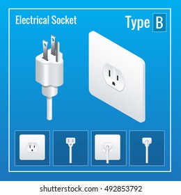 Isometric Switches and sockets set. Type B. AC power sockets realistic vector illustration