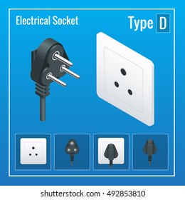 Isometric Switches and sockets set. Type D. AC power sockets realistic vector illustration