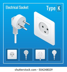 Isometric Switches and sockets set. Type K. AC power sockets realistic vector illustration