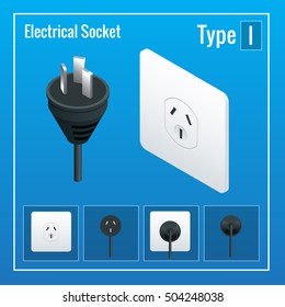 Isometric Switches and sockets set. Type I. AC power sockets realistic vector illustration