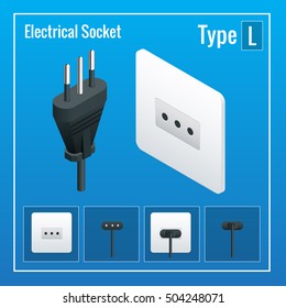 Isometric Switches and sockets set. Type L. AC power sockets realistic vector illustration