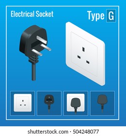 Isometric Switches and sockets set. Type G. AC power sockets realistic vector illustration