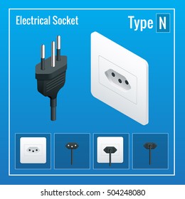 Isometric Switches And Sockets Set. Type N. AC Power Sockets Realistic Vector Illustration