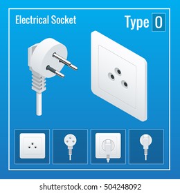 Isometric Switches and sockets set. Type O. AC power sockets realistic vector illustration