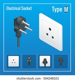 Isometric Switches and sockets set. Type M. AC power sockets realistic vector illustration