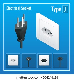 Isometric Switches and sockets set. Type J. AC power sockets realistic vector illustration