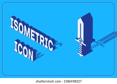 Isometric Sword for game icon isolated on blue background.  Vector Illustration