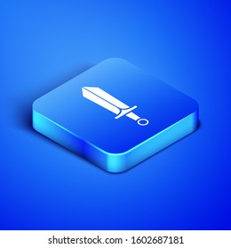 Isometric Sword for game icon isolated on blue background. Blue square button. Vector Illustration