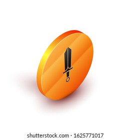 Isometric Sword for game icon isolated on white background. Orange circle button. Vector Illustration