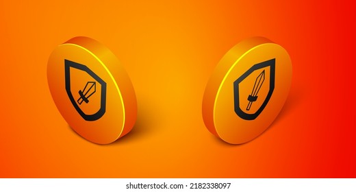 Isometric Sword for game icon isolated on orange background. Orange circle button. Vector