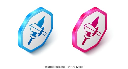 Espada isométrica para icono de juego aislado sobre fondo blanco. Botón hexagonal. Vector