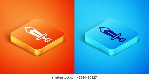 Isometrisches Schwert für Spielsymbol einzeln auf orangefarbenem und blauem Hintergrund.  Vektorgrafik