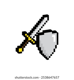 Espada isométrica y escudo Pixel Art Icono Vector 8 Bit Game Company Logo Plantilla
