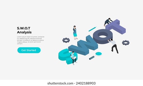 Isometric SWOT letters with characters. Strength, weakness, opportunity and threat typography design
