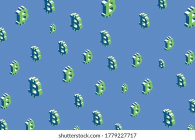 Isometric symbols of cryptocurrency Bitcoin with green elements on a blue background. Vector business wallpaper template easy to edit and customize. Eps10