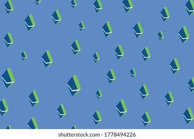 Isometric symbols of cryptocurrency Ethereum with green elements on a blue background. Vector business wallpaper template easy to edit and customize. Eps10