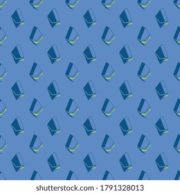 Isometric symbols of Ethereum cryptocurrency with green elements on a blue background. Modern seamless pattern of blockchain technology. Vector illustration eps10