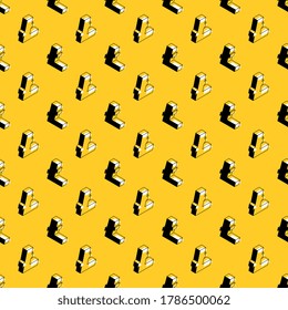 Isometric symbols of Litecoin cryptocurrency in black-white colors on a yellow background. Modern business geometric illustration. Vector seamless pattern eps10