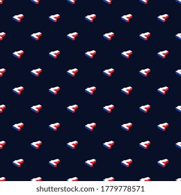 Isometric symbols of Litecoin cryptocurrency in blue-red-white colors on a dark background. Modern seamless pattern of blockchain technology. Vector illustration eps10