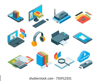 Isometric symbols of online education. Icons of e learning. Computer, laptop, smartphone and other gadgets for teaching. Isometric laptop computer and device book. Vector illustration