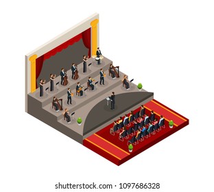 Isometric Symphony Orchestra Concept With Conductor And Musicians Play Classical Music In Front Of Audience Isolated Vector Illustration