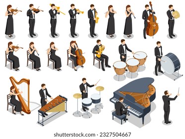 Isometric Symphony Orchestra. Set of orchestra group, creative people playing on instruments scene theater opera concert. Cello, Clarinet, trombone, piano, Xylophone