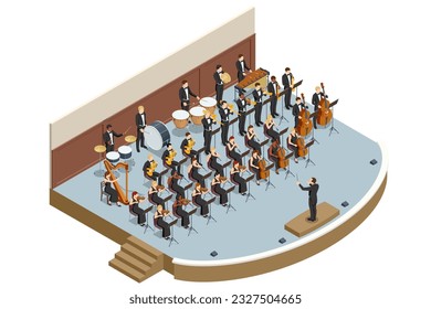 Isometric Symphony Orchestra. Symphonic string orchestra performing on stage and playing a classical music concert with conductor on theatre