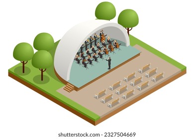 Isometrisches Symphonieorchester. Symphonisches Streichorchester, das auf der Bühne spielt und ein klassisches Musikkonzert mit Dirigent im Freien spielt